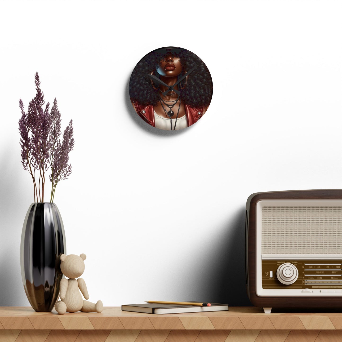 Boho Chic Acrylic Wall Clock, Unique Home Decor, Afrocentric Wall Art, Modern Clock Decor, Gift for Her, Fashion Wall Clock