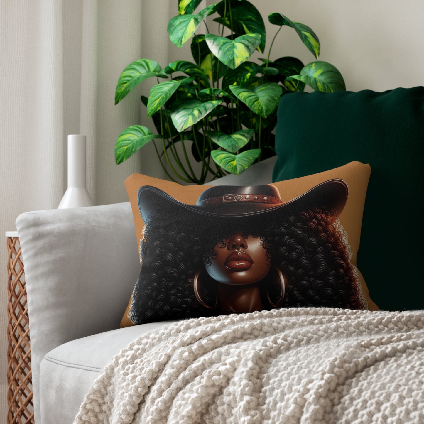 Chic Afro Woman Decorative Lumbar Pillow, Bohemian Home Decor, Gift for Her, Couch Cushion, Unique Throw Pillow